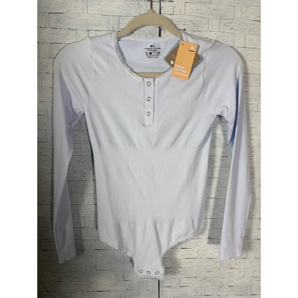 Popilush Women's Bodysuit LigRibbed Henley Long Sleeve Shapewear